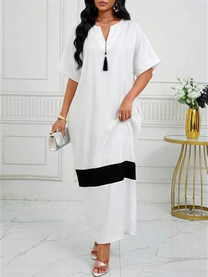 SHEIN Lady Women's Contrast Color V-Neck Short Sleeve Tassel Design Casual Mid-Length Dress