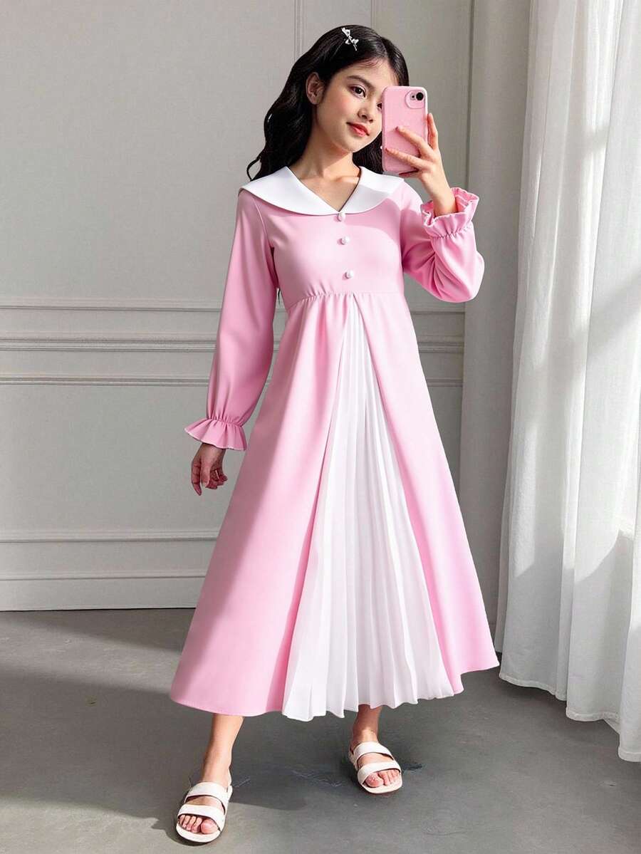 Vestido plisado de bloque de color elegante para niña preadolescente - Rosa - Ver 1