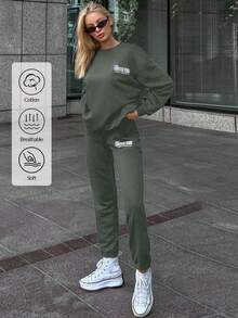 EURMUSE Cotton Women's Casual Letter Pattern Drop Shoulder Sweatshirt And Sweatpants Set - Army Green - View 1