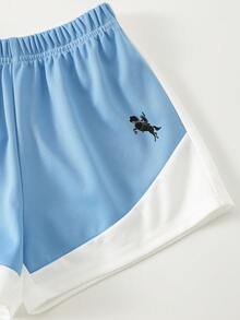 2件套少女运动休闲针织圆领短袖上衣和短裤套装，适合通勤、上学、日常休闲穿着和运动。 - 淺藍色 - 查看 6