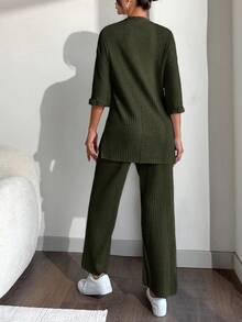 EURMUSE 100%Cotton Drop Shoulder Tee & Wide Leg Pants - Dark Green - View 2
