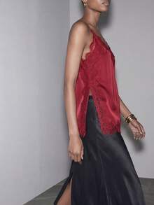 Maija Romantic & Elegant For Valentine's Day Burgundy Satin Lace Patchwork Side Slit Women's Camisole Top Summer