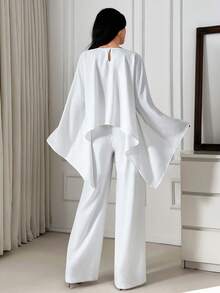 EURMUSE White High-Waisted Wide-Leg Pants And Flowing Cape Top Set – Elegant Evening Suit, Formal Women's Outfit, Chic Crepe Party Ensemble, Stylish Two Pieces, Modern Minimalist White Suit, Sophisticated Fashion, High Waist, Luxurious Occasion Wear - White - View 3