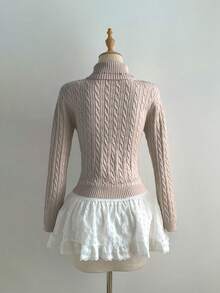 Flirla Sweater Rajut Kasual Kerah Tinggi dengan Tali Serut untuk Wanita/Anak Perempuan - Aprikot - View 2
