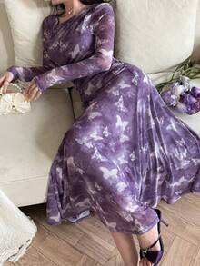 Feyla Vestido Elegante Feminino com Estampa de Borboleta