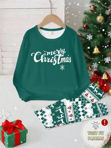 2 件男童圣诞快乐字母和鹿印花长袖上衣和裤子睡衣套装，圣诞主题，针织弹力面料 - 彩色 - 查看 5