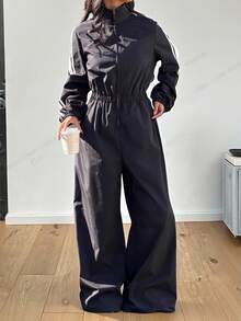 Muchica 女士立领拉链腰部褶皱休闲日常长袖连体裤 - 黑色 - 查看 5