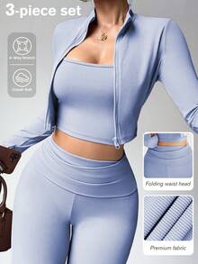 Dewbera 女士三件套瑜伽健身套装，休闲性感户外跑步U领上衣，舒适提臀塑形紧身裤，高领紧身长袖带拇指孔外套，适合健身通勤。 - 藍色 - 查看 3