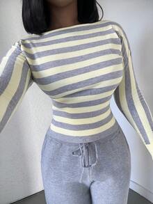 Alexandranx Women's Autumn/Winter New Arrival Turtleneck Long Sleeve Yellow Striped Slim Fit Ribbed Sweater,Fall - Multicolor - View 4