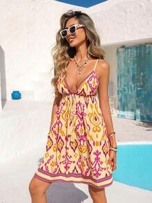 Vivid Eden Woven Print Spaghetti Strap Women Mini Dress - Multicolor - View 3