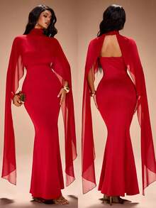 Radiana Women's Sexy Elegant Luxurious Red Chiffon Capelet Shawl & Bodycon Mermaid Dress 2-Piece Set. Shawl + Spaghetti Strap Dress. High-Stretch Knit Fabric Hugs Body, Flattering Silhouette. Suitable For Party, Banquet, Gala,  Formal Occasions,Evening, Date, Cocktail Party, Dance, Valentine's Day - Red - View 1