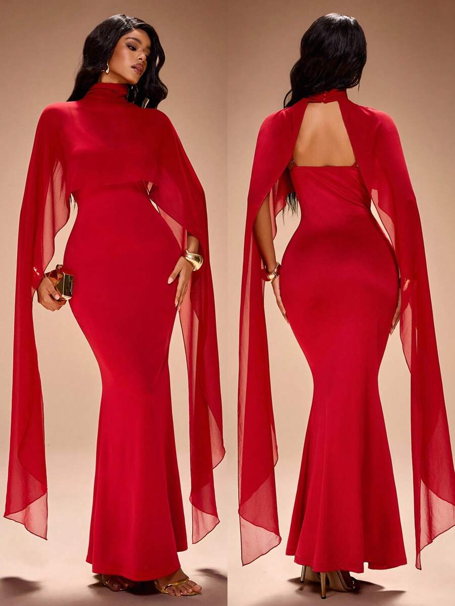Radiana Women's Sexy Elegant Luxurious Red Chiffon Capelet Shawl & Bodycon Mermaid Dress 2-Piece Set. Shawl + Spaghetti Strap Dress. High-Stretch Knit Fabric Hugs Body, Flattering Silhouette. Suitable For Party, Banquet, Gala,  Formal Occasions,Evening, Date, Cocktail Party, Dance, Valentine's Day - Red - View 1
