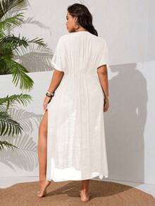 Swim Vcay Plus Size Women's Casual Vacation Beach Dress With Side Slit And Lace Patchwork - Apricot - View 2