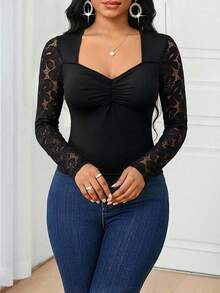 SHEIN Lady Women's Fashion Casual Sweetheart Collar Lace Long Sleeve T-Shirt - Black - View 4