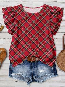 EMERY ROSE Women's Round Neck Short Sleeve Romantic Elegant Plaid Print Blouse, Suitable For Outings, Work Commute, Dates, Parties, Chic Spring - Multicolor - View 6