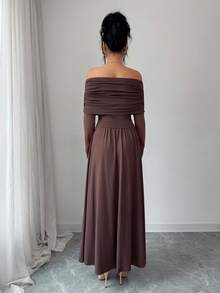 Elenzga 一套女士露肩长袖不对称上衣和半裙休闲套装 - 棕色 - 查看 2