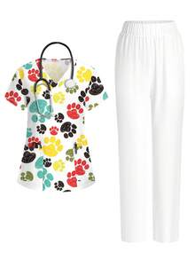 PopScrub 色彩鲜艳的动物爪印数码印花V领短袖带口袋护士服套装，女士，春夏款 - 彩色 - 查看 1