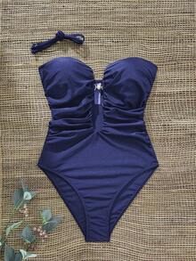 Swim Chiccia Bộ đồ bơi một mảnh họa tiết ngọc trai xếp nếp cổ chữ V sâu màu trơn dành cho nữ, Xuân/Hè - Màu xanh lam - Xem 2