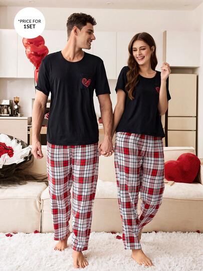 CoupledUp 男士爱心印花短袖上衣和红白格子裤睡衣套装（2件套）