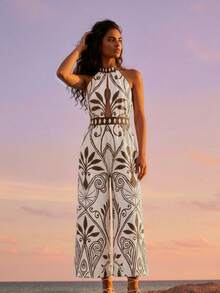 CAJUNI Bộ jumpsuit nữ gợi cảm hở lưng, buộc dây phía trước, ống rộng, in họa tiết toàn thân, phong cách nghỉ dưỡng. - Nhiều màu - Xem 3