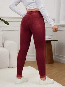 SHEIN Essnce Quần jean skinny rách cạp cao mùa xuân - Màu Đỏ Sâu - Xem 2