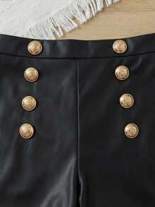 SHEIN Tween Girl Fashionable Elegant Woven Plaid Metal Decor Button Shorts Summer - Black - View 3