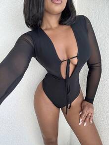 Alexandranx Women's Sexy Deep V-Neck Mesh Contrast Bodysuit, Autumn - Black - View 5