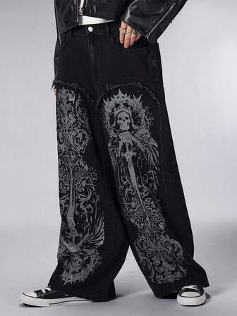 Street Life Jeans casual a gamba dritta da uomo con stampa scheletro scuro sulle tasche