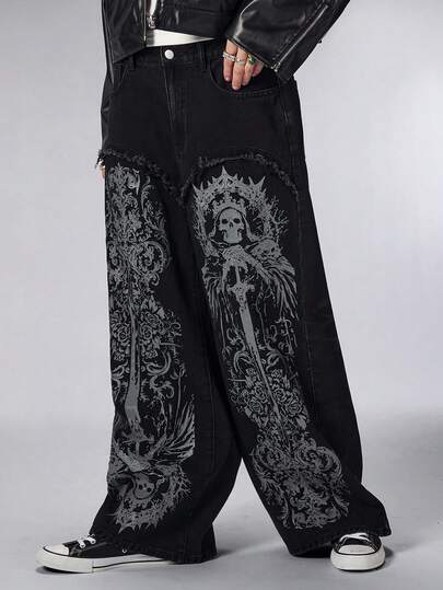 Street Life Men's Dark Skeleton Print Pocket Casual Straight Leg Jeans