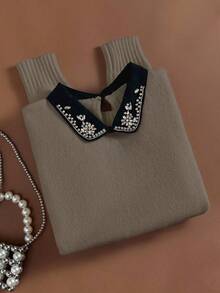 Franclia 复古优雅二合一针织毛衣，饰有钻石图案，翻领，长袖，休闲日常穿着，返校季，秋冬季佳选。 - 卡其色 - 查看 7