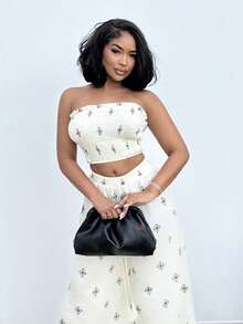 Alexandranx 女式度假撞色印花优雅休闲弹力修身褶皱上衣阔腿裤套装抹胸和裤子套装女式夏装女式两件套度假装女士度假两件套波西米亚风女装 - 米色 - 查看 6