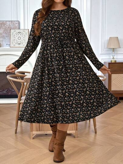 EMERY ROSE Plus Size Women's Fall/Early Spring Casual Fashion Vacation  Floral Print Round Neck Long Sleeve Dress, Boho Dress Women,Flowy Dress,Going Out Outfits,2026 New Clothes,Simple And Fashionable For Everyday Wear,Early Spring,Vacation Outfits Women ,Holiday Outfits For Women,Spring Outfit Women,Valentine's Day ,Valentine Outfits For Women , Black Floral Dress, Women Long Sleeve Dress, French Style Dress,Flower/Summer