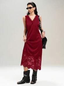 LYSMO 大码女式酒红色蕾丝V领宽松缎面连衣裙 - 酒紅色 - 查看 5