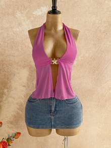 Soleia 新款金属网眼吊带背心，适合度假、夏季、情人节等场合，粉色上衣 - 粉色 - 查看 3