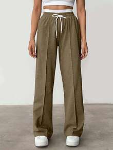 EURMUSE Cotton Drawstring Waist Seam Front Casual Sweatpants - Mocha Brown - View 5