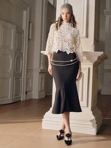 Anewsta Women's Summer Cashew Flower Hollow Out Fitted Knit Top With Slight High Collar And Flared Sleeves - Apricot - View 5