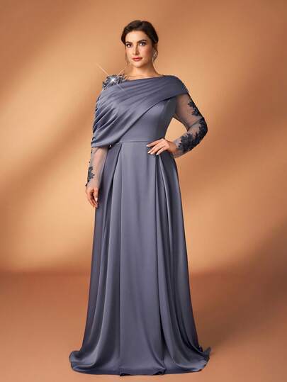 Serin Plus Size Elegant Romantisk Grå Satin Kontrast Mesh Asymmetrisk Volangringning Applikation A-linjeformad Klänning, Lämplig För Kvällsfest, Gala, Bröllop, Musikfestival, Brudens Mor