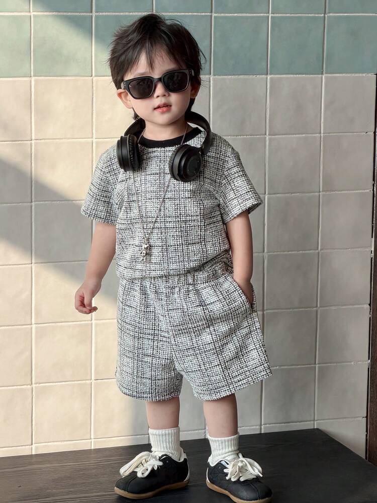 2pcs Baby Boy Korean Style Plaid Short Sleeve Casual T-Shirt And Shorts Set Summer