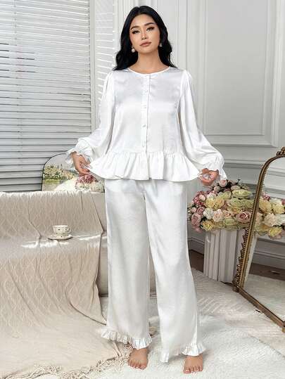 Dazy Plus Plus Size Women Solid Color Round Neck Loose Long Sleeve Top And Straight Leg Pants Pajama Set, Spring/Summer/Autumn