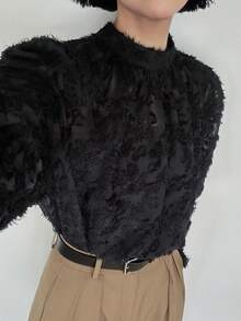 FRIFUL Women's Solid Color Stand Collar Long Sleeve Sheer Mesh Fabric Casual Loose Versatile Blouse, Autumn/Winter - Black - View 7