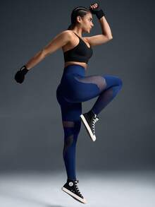 Powerista Quần legging thể thao cạp cao tối giản dành cho nữ, màu trơn, phối họa tiết khoét lỗ. - Màu xanh lam - Xem 1