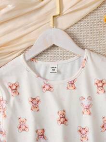 SHEIN 女童春夏季休閒可愛卡通熊蝴蝶結印花寬鬆拼接抓皺A字短袖洋裝睡裙 粉色拼色洋裝 - 粉色 - 查看 4