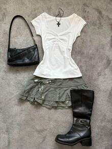 Glimmora 复古Y2K风格白色V领收腰T恤，短款修身性感上衣 - 白色 - 查看 4