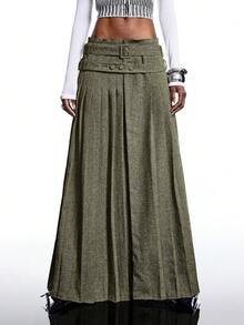 LYSMO Chân váy xếp ly cạp thấp thời trang công sở dành cho nữ - xanh quân đội - Xem 1