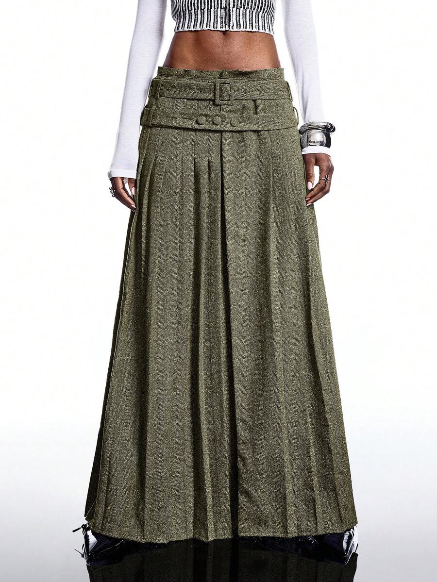 LYSMO Chân váy xếp ly cạp thấp thời trang công sở dành cho nữ - xanh quân đội - Xem 1