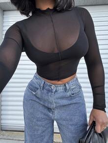 Alexandranx 生菜邊網眼黑色透視上衣 - 黑色 - 查看 6