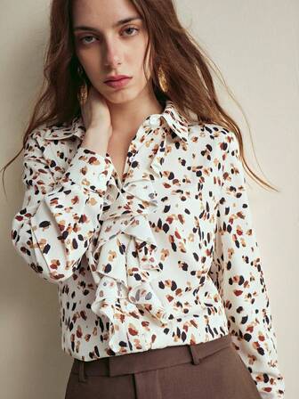 Écloséra 新款碎花翻领修身女式衬衫，春秋季