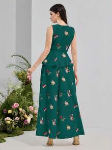 Modelyn Ensemble casual femme avec Top à col V imprimé floral avec volants à l'ourlet et pantalon large - Vert sapin - Voir 2