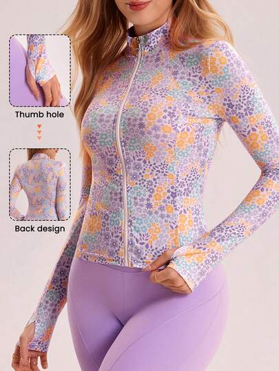 Sovereign Charm 女式运动高领花卉夹克，带口袋，休闲运动外套，适合跑步、健身和户外活动，长袖