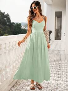 Vivid Eden V-Neck Backless Cinched Waist Loose Hem Beach Dress For Women Backless Sundress Green Summer Dress Green Vacation Dress Backless Summer Dress Green Sundress - Green - View 4